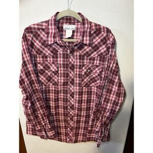Wrangler Wrancher Men Size Large Pearl Snap Red Plaid Long Sleeve Western